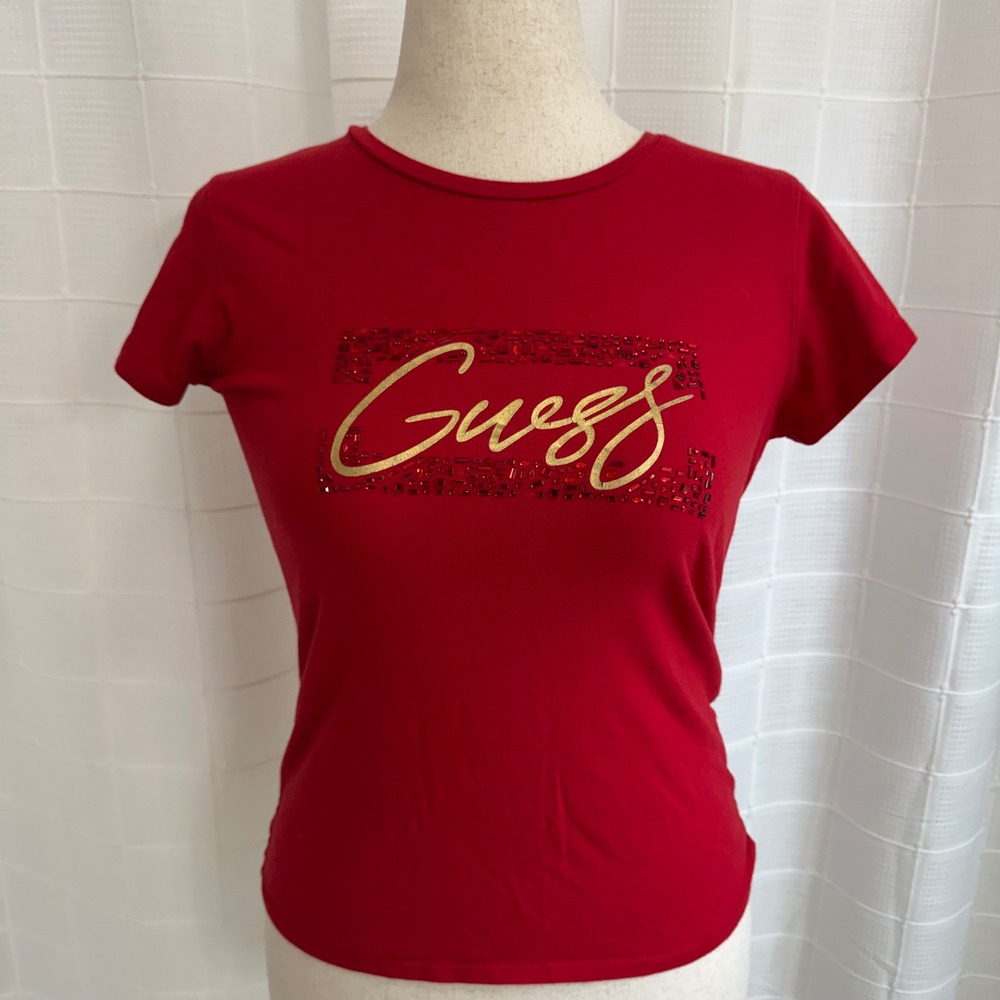 Guess Womens Red Gold Logo Rhinestone Graphic Tee Shirt Bedazzled Y2K style